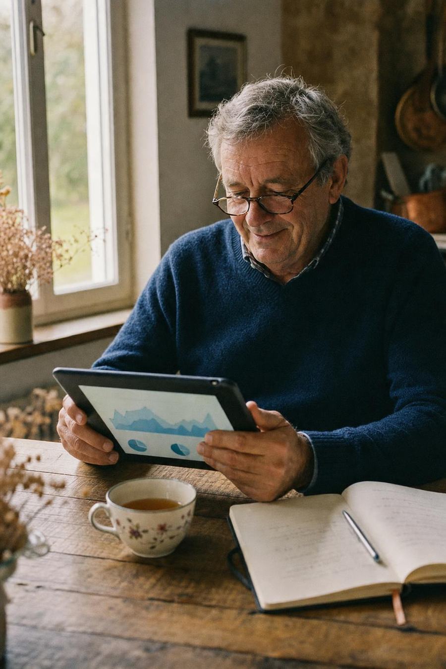 Le propriétaire d’une chambre d’hôtes regarde sa tablette à la table de sa cuisine