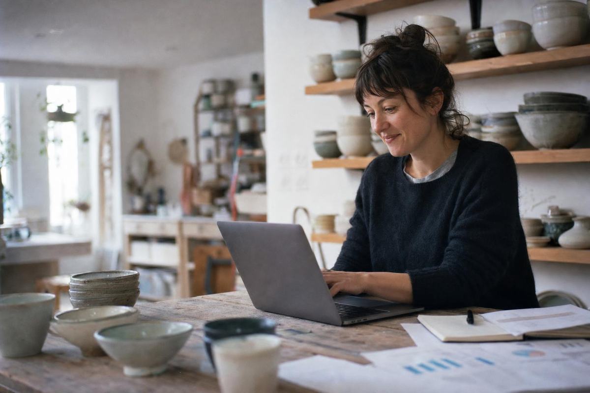 Une céramiste travaille sur son ordinateur portable dans son atelier