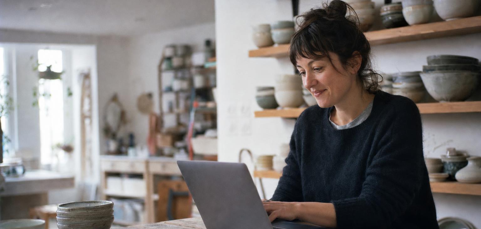 Une céramiste travaille sur son ordinateur portable dans son atelier, des bols émaillés sur les étagères