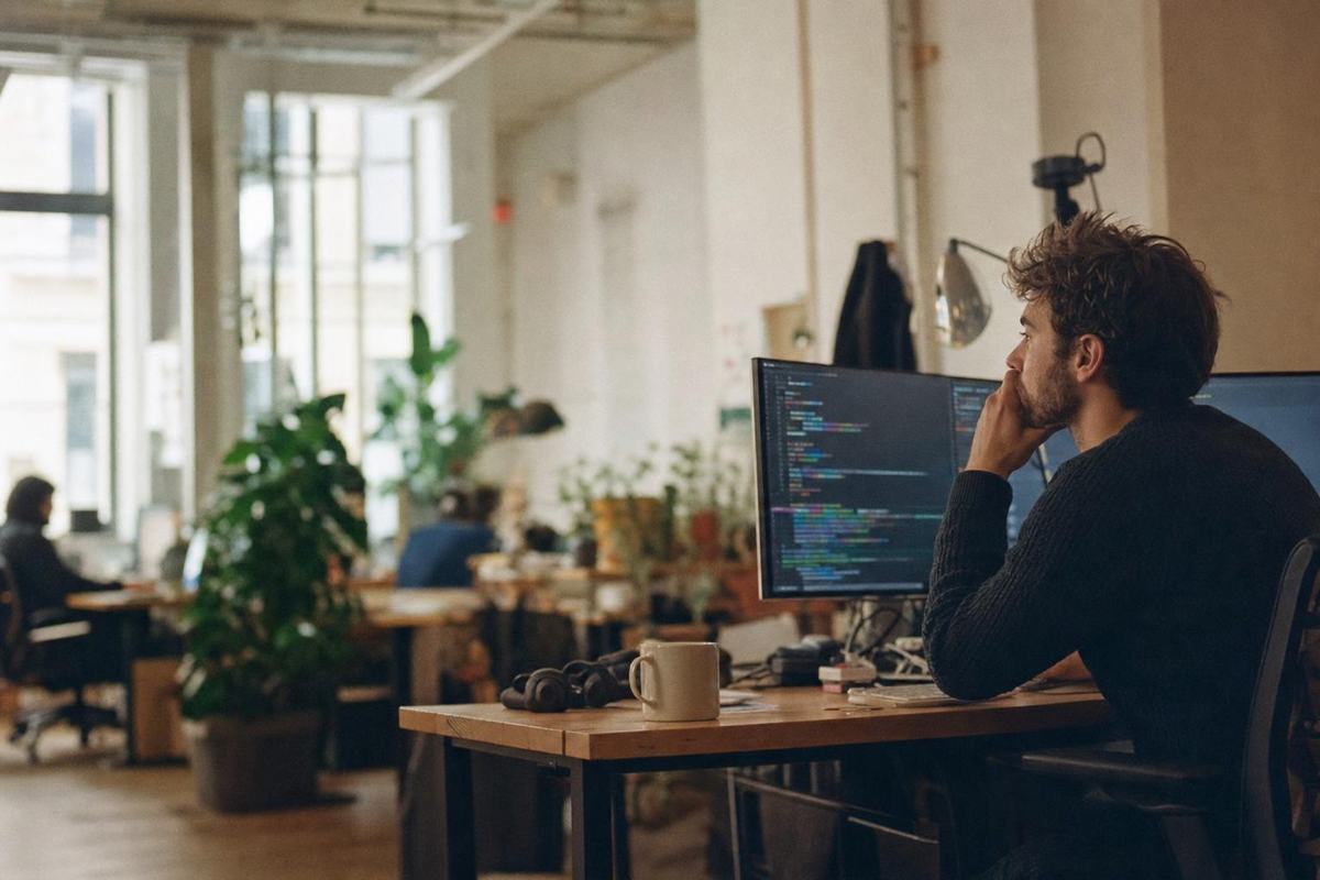Un développeur indépendant regarde son écran dans un espace de travail partagé