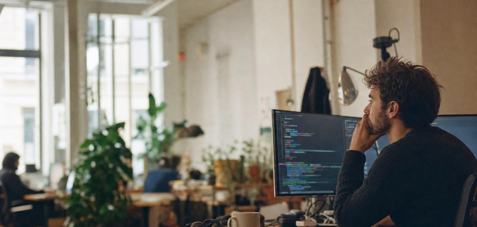 Un développeur indépendant regarde son écran dans un espace de travail partagé
