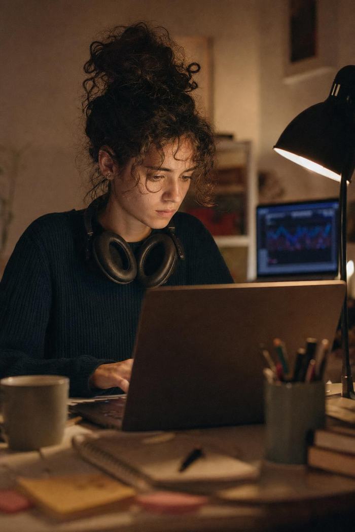 Une développeuse travaille le soir sur son ordinateur portable, à la lumière d’une lampe de bureau